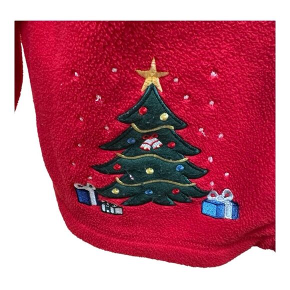 Red Fleece Christmas Cardigan Teddy Bear Tree Holiday Embroidered Sweater - Picture 3 of 11